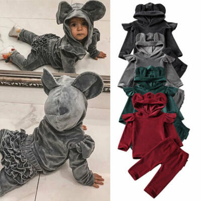 

UK Infant Baby Girl Boy Kid Gold Velvet Long Sleeve Hooded Top Pants Tracksuit