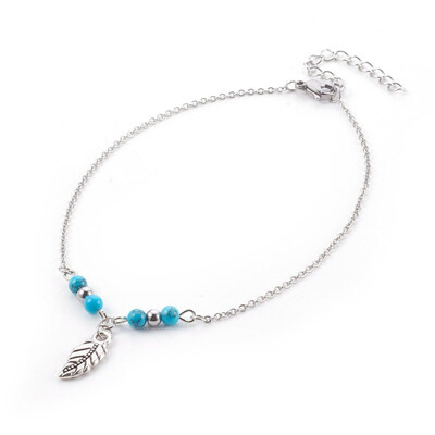 

Synthetic Turquoise Charms Anklets with Tibetan Style Alloy Pendants 304 Stainless Steel Findings&Iron Eye Pin Leaf Antiqu
