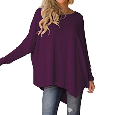 

Nomeni Women Long Sleeve O-neck Pure Color Batwing Sleeve Irregular Hem Blouse Tops