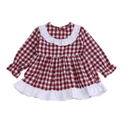 

Girls Plaid Long Sleeve High Waist A-Line Dress Cotton Princess Clothing