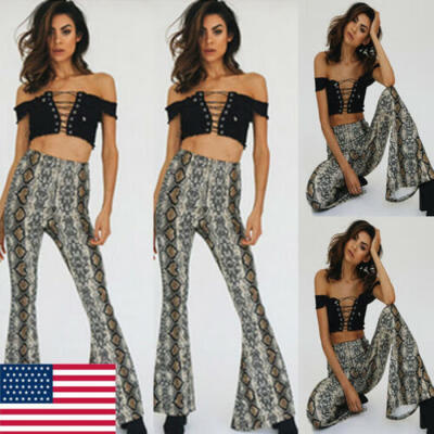 

Womens Skinny Flare Leopard Print Bell Bottom Stretch High Waist Pants Trousers