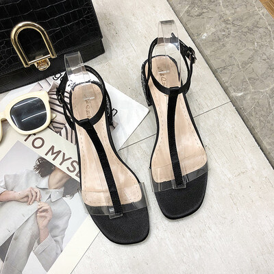 

Transparent T-shaped sandal female 2019 new student Joker with thick heel with high heels female fairy wind