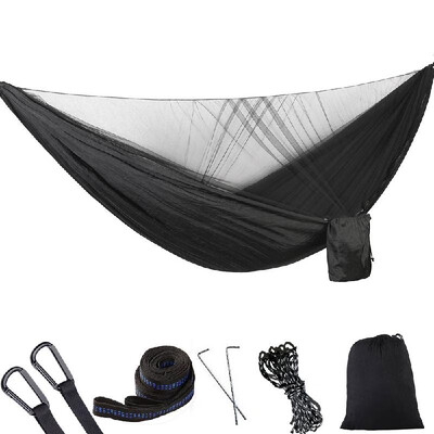 

290 x 140cm Outdoor Hammock Swing with Integrated Mosquito Curtain Bugs Net Extension Straps Clips Ground Rope Ground Nails Includ