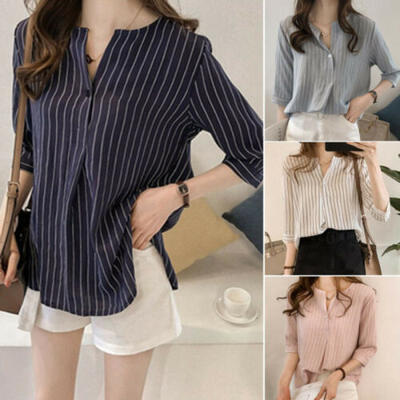 

US Summer Women Long Sleeve Stripe Printed Casual Loose Tops Tee Shirt Blouse