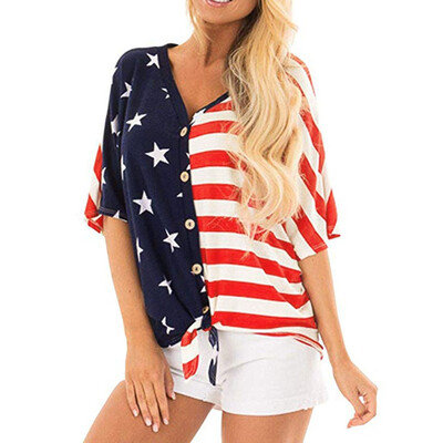 

Nomeni July 4th Womens V Neck American Flag Button Down T Shirt with Tie Front