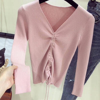 

sweater women Sexy lace up knitting pullover top Fashion autumn winter Chic pink V-neck knit slim jumper pull femme New