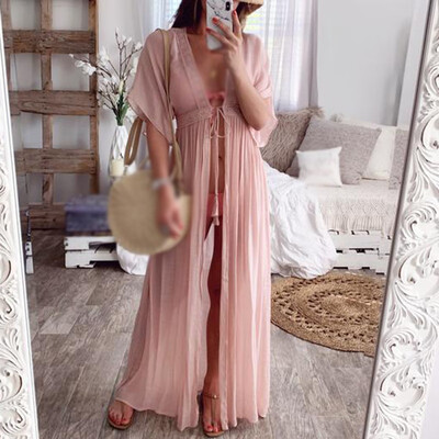 

Women Loose Casual Lace Solid Color Holiday Dress Long Skirt Beach Robe Cover Up
