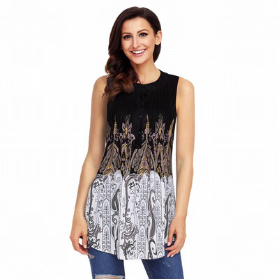 

Round neck sleeveless floral print vest bohemian smock