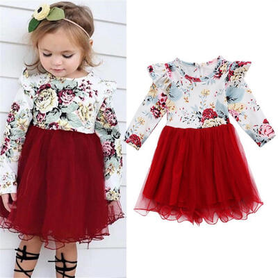 

Cute Kdis Fashion Princess Baby Girls Long Sleeve Floral Tulle Tutu Skirts Dresses Clothes Outfits