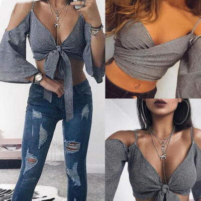 

Summer Womens Ladies Sexy Off-Shoulder Vest Fashion Long Sleeve Navel Strap Top