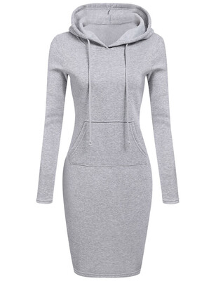 

Casual Solid Color Long Sleeve Drawstring Hoodie Dress with Pocket Slim Hooded Pullover Sweatshirt Dress