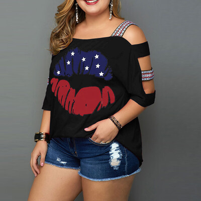 

Starmoon Women Plus Size Casual Flag Print Off Shoulder Slings Sleeve Top T-Shirt