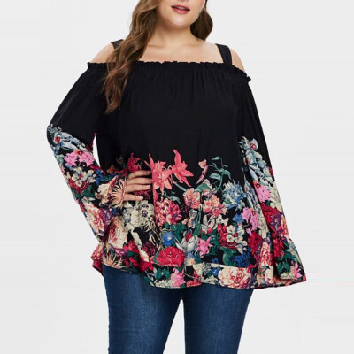 

Roseonmyhand Women Plus Size Chiffon Flare Sleeve Floral Print Cold Shoulder Suspender Top