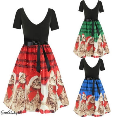 

Christmas Women XMAS Dress Musical Notes Cats Flare Dress Evening Party Dresses