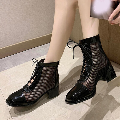 

Rose Womens Ankle Bare Round Toe Mesh Lace-Up Boots Square Heel Short Booties
