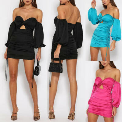 

Women Sexy Off Shoulder Dress Casual Puff Sleeve Package Hip Mini Dress SML