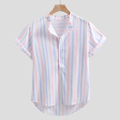 

Toponeto Mens Colorful Stripe Summer Short Sleeve Loose Buttons Casual Shirt Blouse