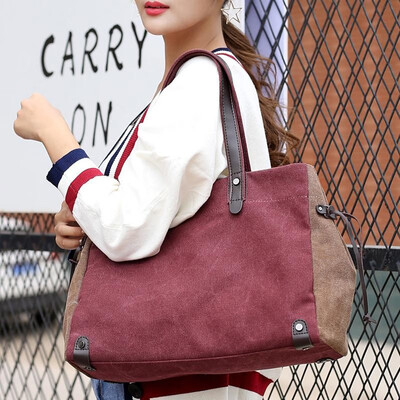 

Fashion Women Canvas Shoulder Bag Contrast Color Large Capacity Retro Casual Ladies Handbag Totes