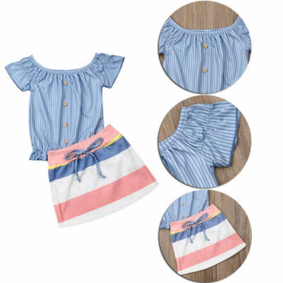 

US Infant Kids Baby Girls Button Tops Color Stripe Dress Skirt Sunsuit Clothes