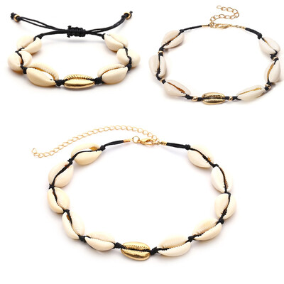 

Hawaiian Sea Shell Choker Women Necklace Bracelet Anklet Jewelry set Bohemian Turkish Gold Foot Chain Collar Chocker 2018