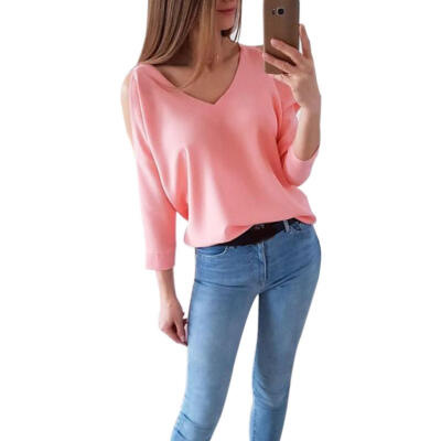 

Women Spring V-neck T-Shirts Off Shoulder Solid Color Long Sleeve Slim Tops