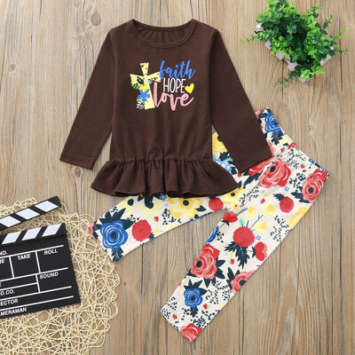 

2PC Kids Baby Girls Long Sleeve Letter Print TopsFloral Print Pants Set Clothes
