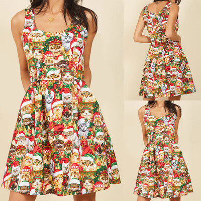 

Tailored Women O-Neck Cat Christmas Hat Printed Christmas Sleeveless Dress