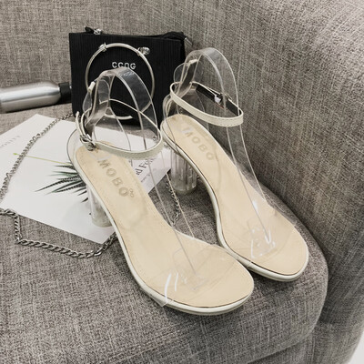 

Summer Korean version of 100 sets of one-word buckle thick-heeled open-toed sandals for ladies with transparent heels&ladies w