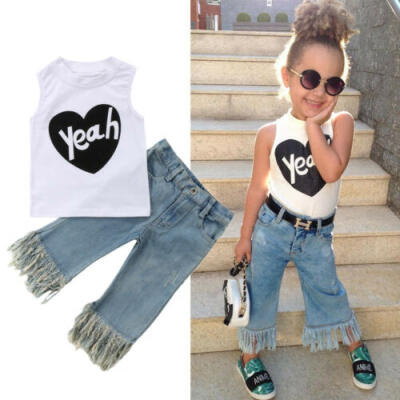 

2Pcs Kids Baby Girls Sleeveless Top Jeans Denim Pants Outfits Set Clothes Mon