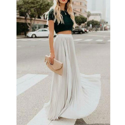 

Womens High Waist Pleated Long Maxi Skirt Full Length A-Line Swing Sun Dress