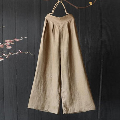 

Ladieshigh-waist Cotton Flax Slack-size Casual Wide-legged Pants