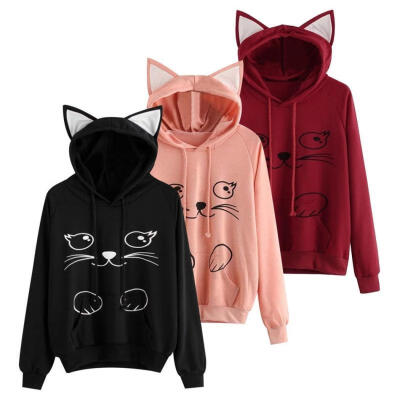 

New Fashion Women´s Sweaters Cute Cat Prints Ear Pullovers Hoodies Fashion Tops Shirts Shirt -XL