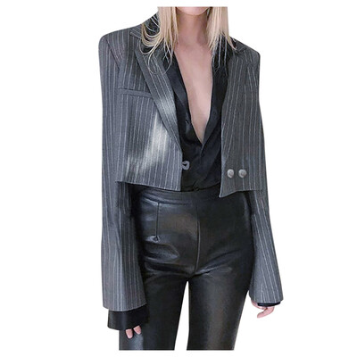

Toponeto Womens Coat Slim Elegant Blazers Jacket Stripe Suit Midriff-barin Tops