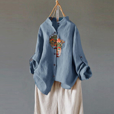 

Roseonmyhand Womens Cotton&Linen Plus Size Vintage Embroidery Casual Blouse Tops