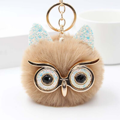 

Free Shipping Glasses Owel Charms Plush Phone Case Straps Rabbit Fur Like Key Chain Owels Poms Ball Pendant Keychains Car Keyring