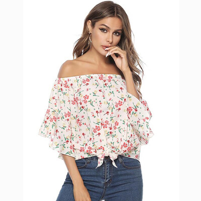 

Women Fashion Concise Casual Sweet Flower Printed Strapless Chiffon All-match Shirts
