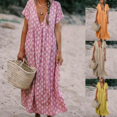 

Womens Boho Floral Casual Baggy Tunic Dress Ladies Loose Kaftan Beach Sundress