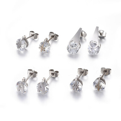 

304 Stainless Steel Stud Earrings with Rhinestone Mixed Shapes Crystal Stainless Steel Color 1017x8x555mm Pin 08mm