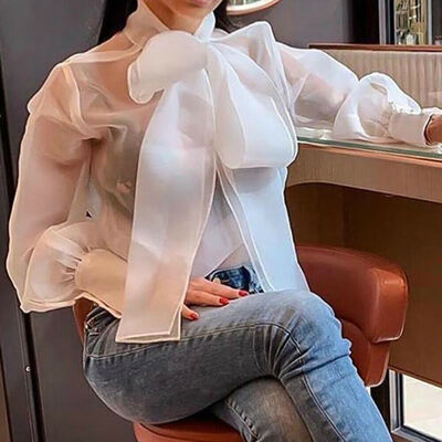 

NEW Women Mesh Sheer Puff Sleeve Turtleneck Top Long Sleeve Sexy T Shirts Blouse
