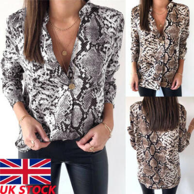 

Women Snake Print Top Long Sleeve V-Neck Autumn Loose Irregular T-Shirt Blouse