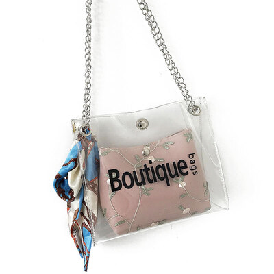 

Embroidered Women Fashion Transparent Case Casual Girls Silk Scarf Chain Jelly Color Package Korean Version Wild Messenger Bag
