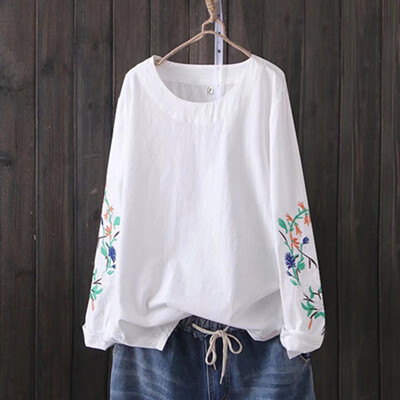 

Fall Women Tops Shirts Long Sleeve Loose Round Neck Embroidery Blouse Plus Size
