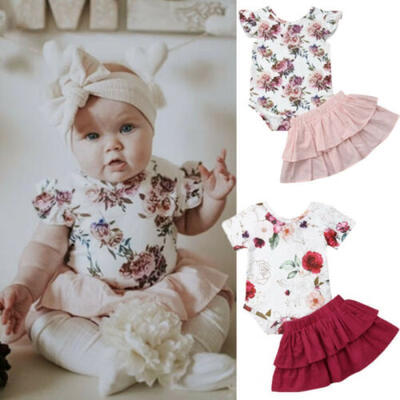 

US 2PCS Toddler Kids Baby Girl Summer Clothes Floral TopsSkirts Dress Outfits