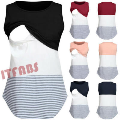 

US Women Striped Maternity Clothes Breastfeeding Tops Nursing Sleeveless T-shirt