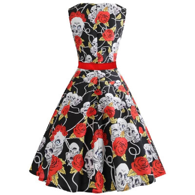 

Cross-border foreign trade womens European&American retro sleeveless skull roses printing direction random red ribbon big s