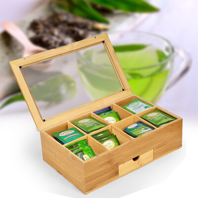 

Gobestart Bamboo Tea Box Organizer Chest 8 Compartments With Small Drawer Tea Storage Bag