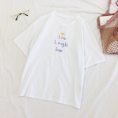 

Halajuku Women Embroidered Letters Tshirts Summer Loose Round Collar Tee Tops Short Sleeve Casual Simple T-Shirt Women