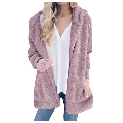 

Toponeto Autumn And Winter New Solid Color Plush Hooded Fashion Cardigan Coat Female
