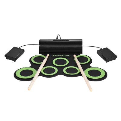 

Portable Digital Mono Electronic Drum Set Kit 7 Silicon Pads Built-in Speaker USB Powered with Drumsticks Foot Pedals 35mm Audio