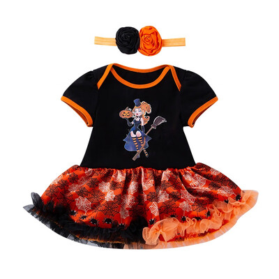 

Style Fashion Baby Girls Halloween Pumpkin Printed Short Sleeves Romper Dress Headband Two Pieces Sets
